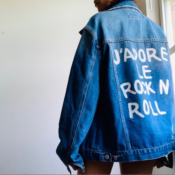 Forever 21 J’adore Le Rock N’ Roll Distressed Blue Denim Jean Jacket Small - Picture 11 of 13